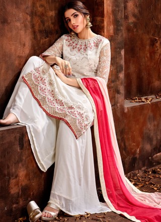 Georgette Embroidered Off White Designer Straight Suit