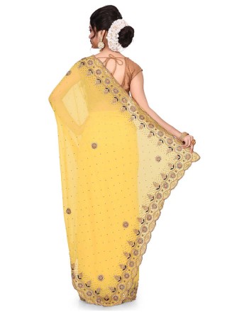 Georgette Embroidered Yellow Designer Traditional Saree