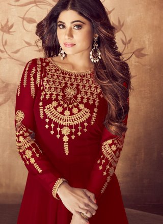 Georgette Red Embroidered Anarkali Salwar Suit