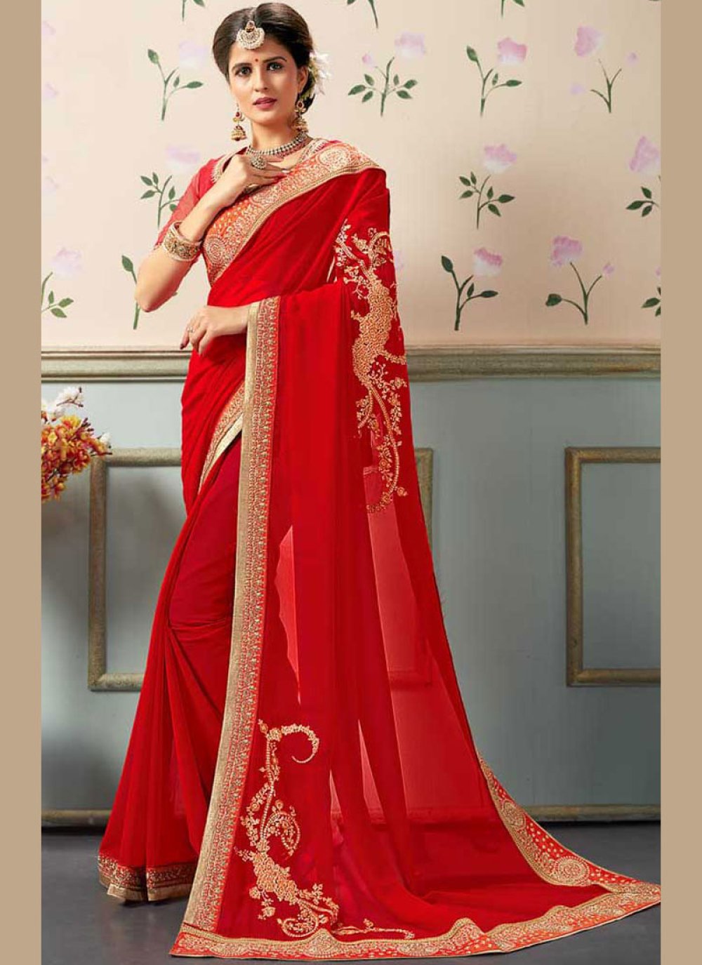 Buy Wedding Wear Red Stone Work Vichitra Silk Saree Online From Surat  Wholesale Shop.