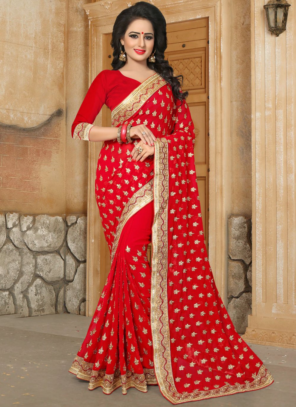red color stone work sarees