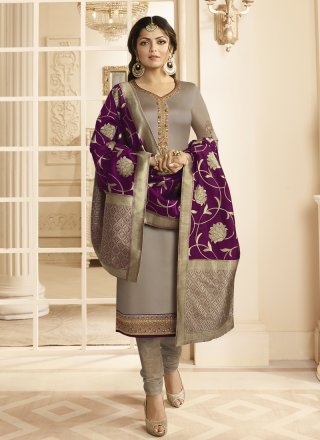 Georgette Satin Embroidered Grey Churidar Suit