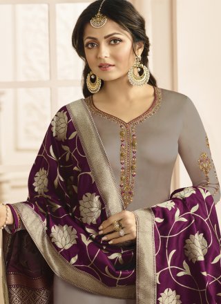 Georgette Satin Embroidered Grey Churidar Suit