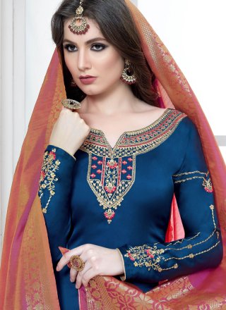 Georgette Satin Embroidered Trendy Salwar Suit in Blue
