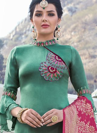 Georgette Satin Green Embroidered Straight Salwar Suit