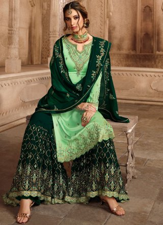 Georgette Satin Green Resham Designer Pakistani Suit