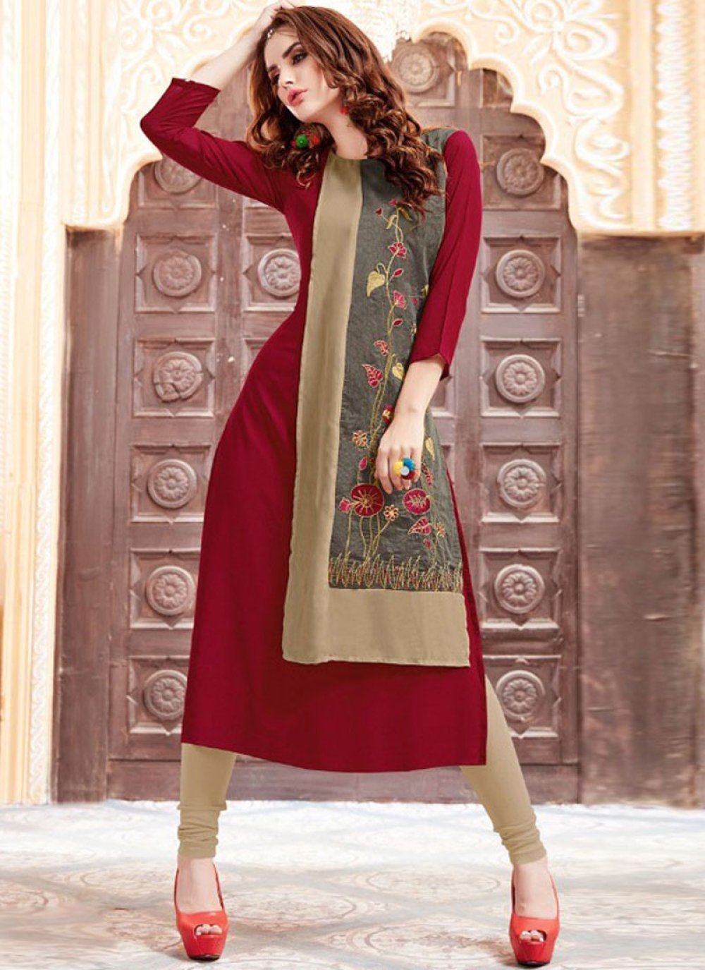 Georgette Maroon Frock Kurti in Embroidered  KTI1831