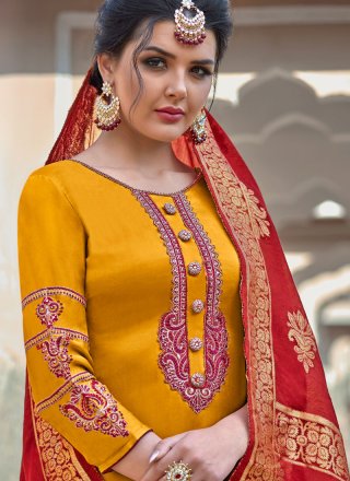 Georgette Satin Orange Embroidered Straight Salwar Suit