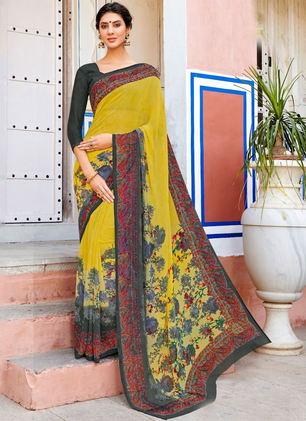Georgette Yellow Casual Saree