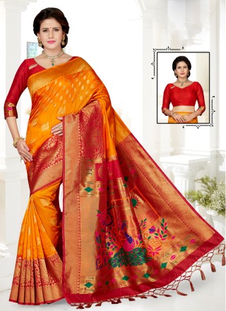 Yellow and Red Art Silk Traditional Saree