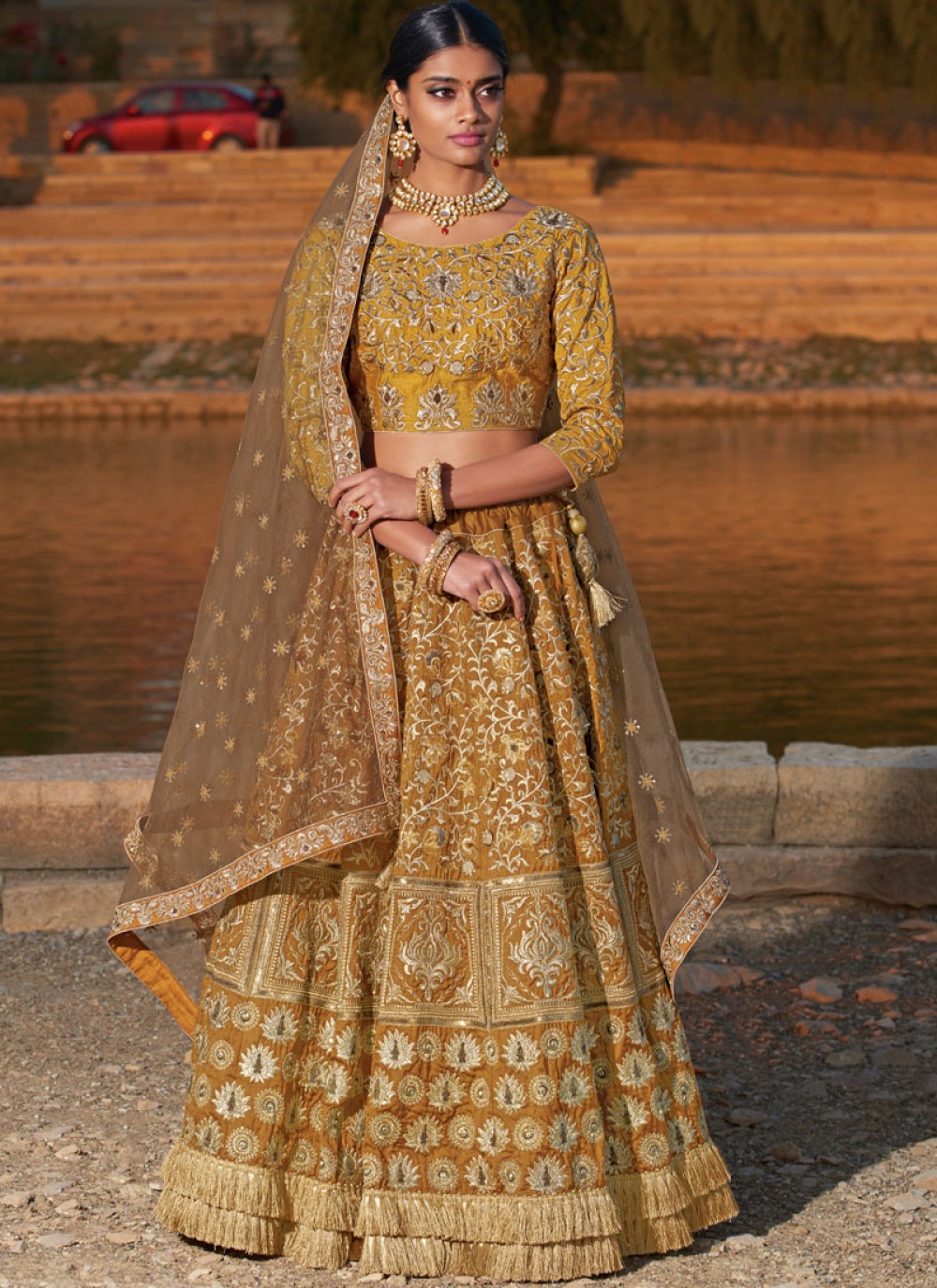 lehenga blouse design in golden color and mirror work | Indian fashion  dresses, Indian fashion, Lehenga designs