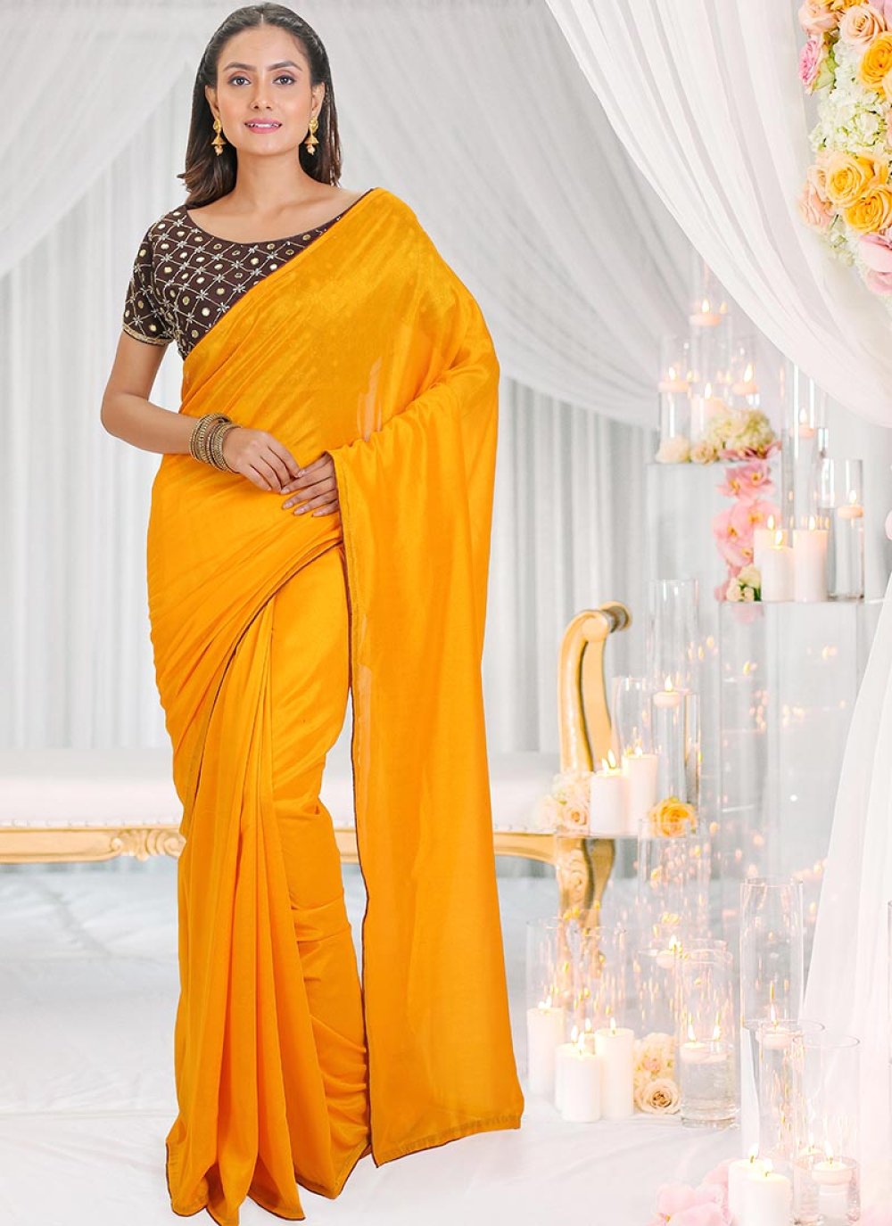 Summer Ladies Party Wear Plain Golden Silk Saree at Best Price in Salem |  Amutha Silks