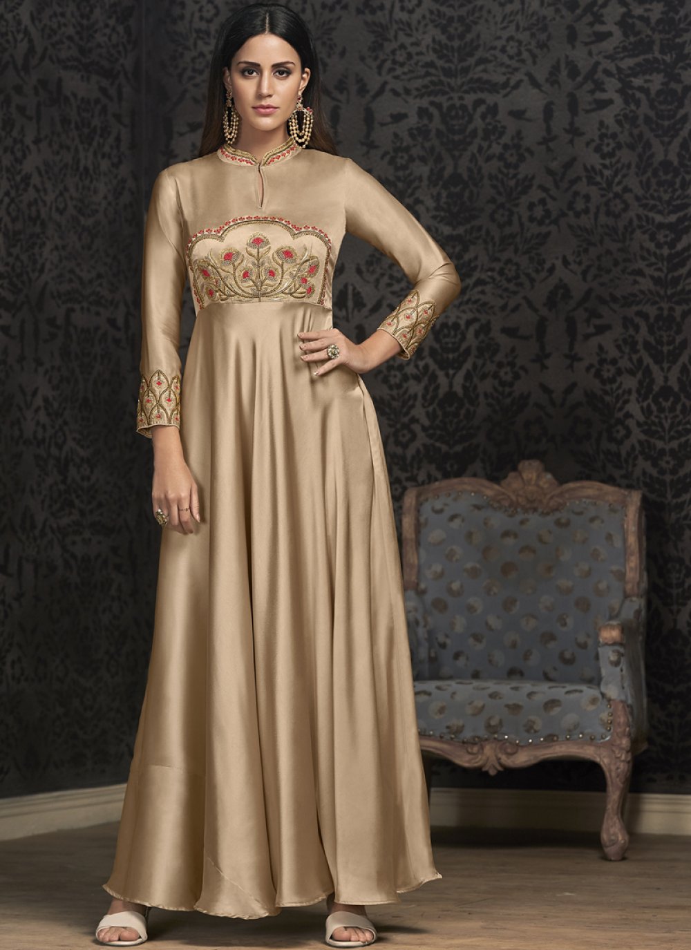 beige color evening gown