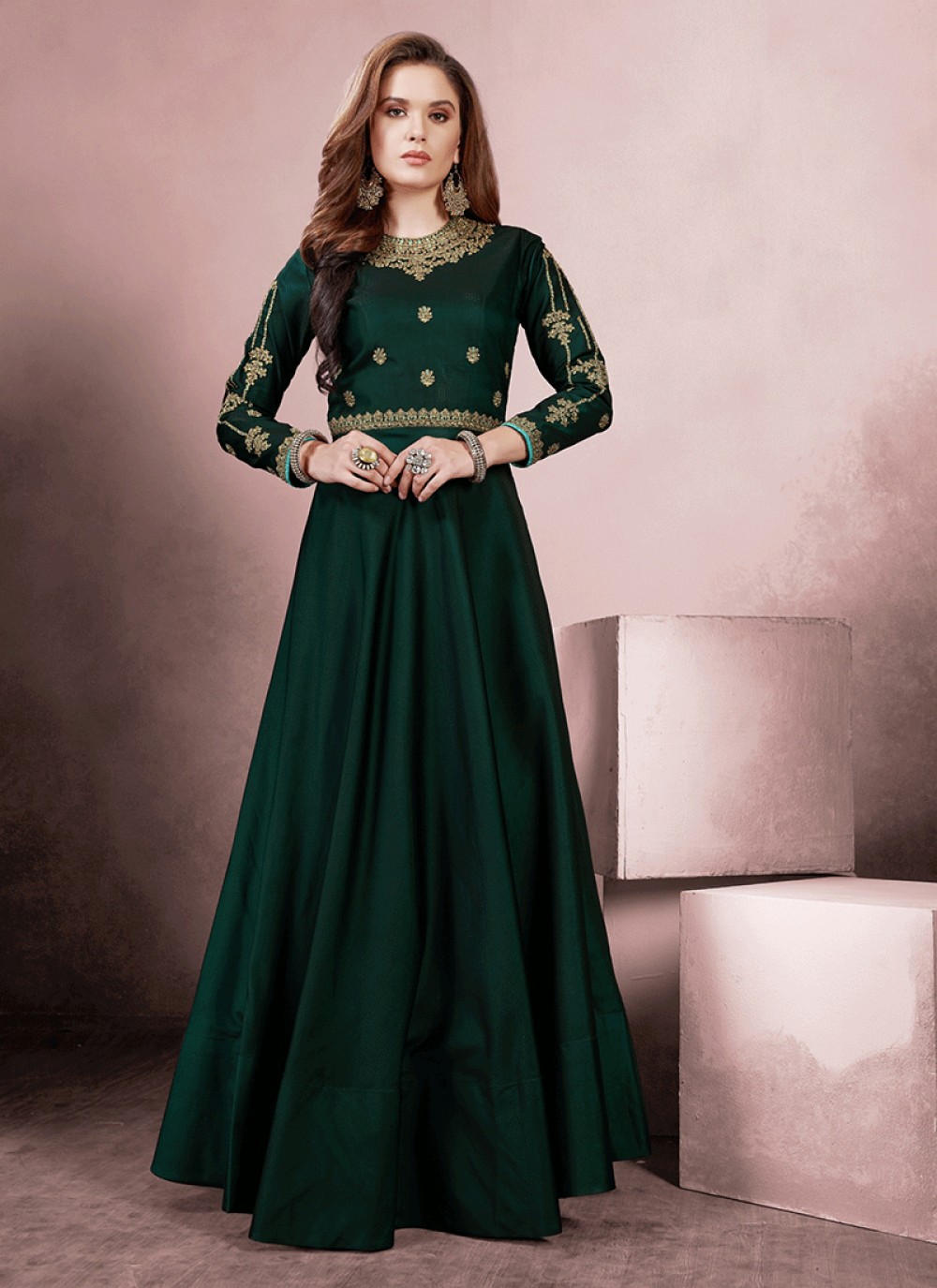 Green Aari Party Readymade Gown 