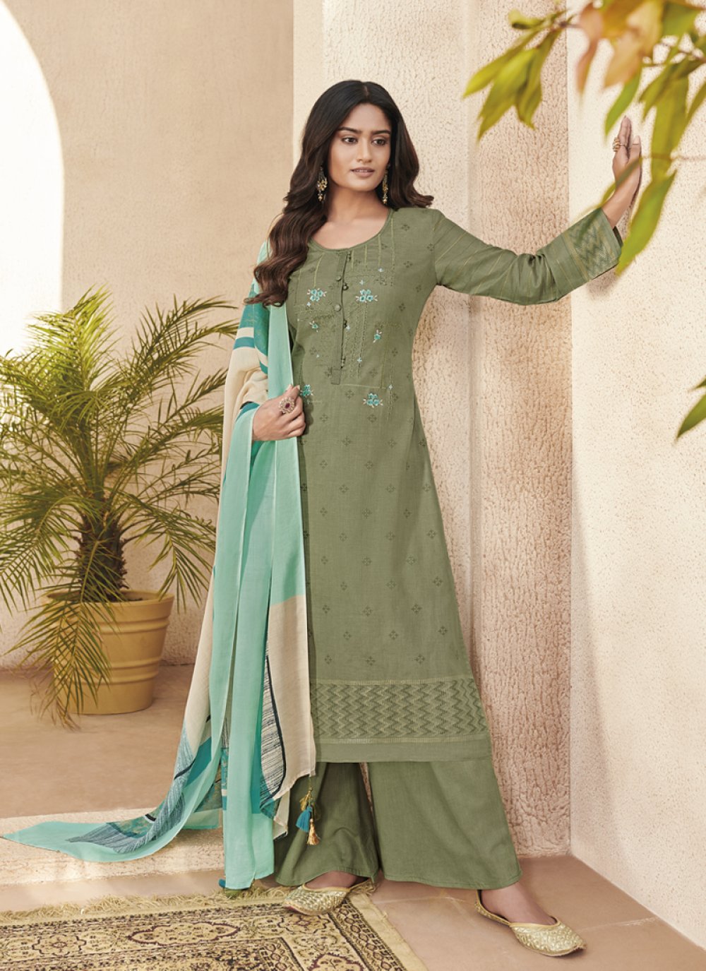 Indian Designer Stitched Green Pakistani Printed Dupatta Patiyala Salwar Kameez 