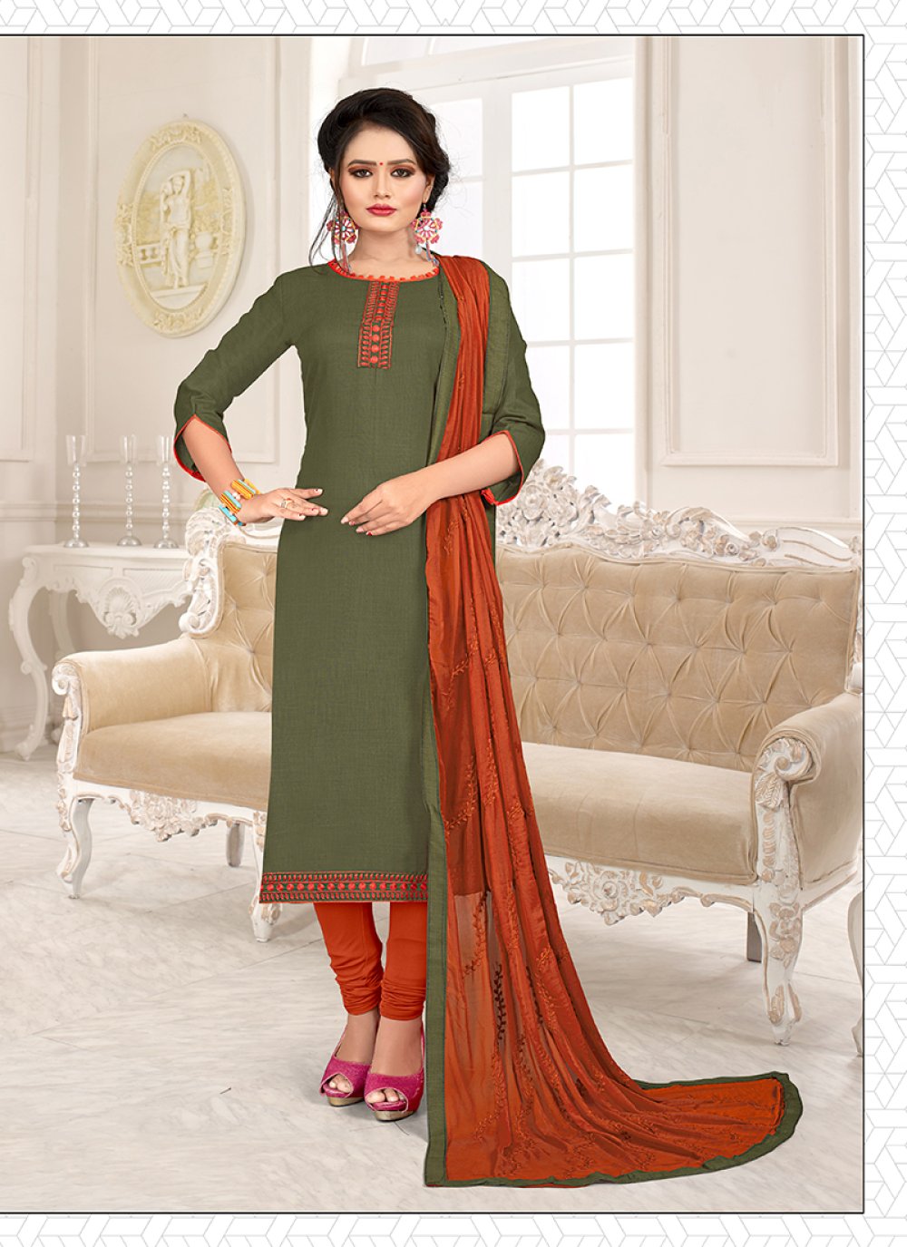 Green and Orange Cotton Trendy Churidar Salwar Kameez