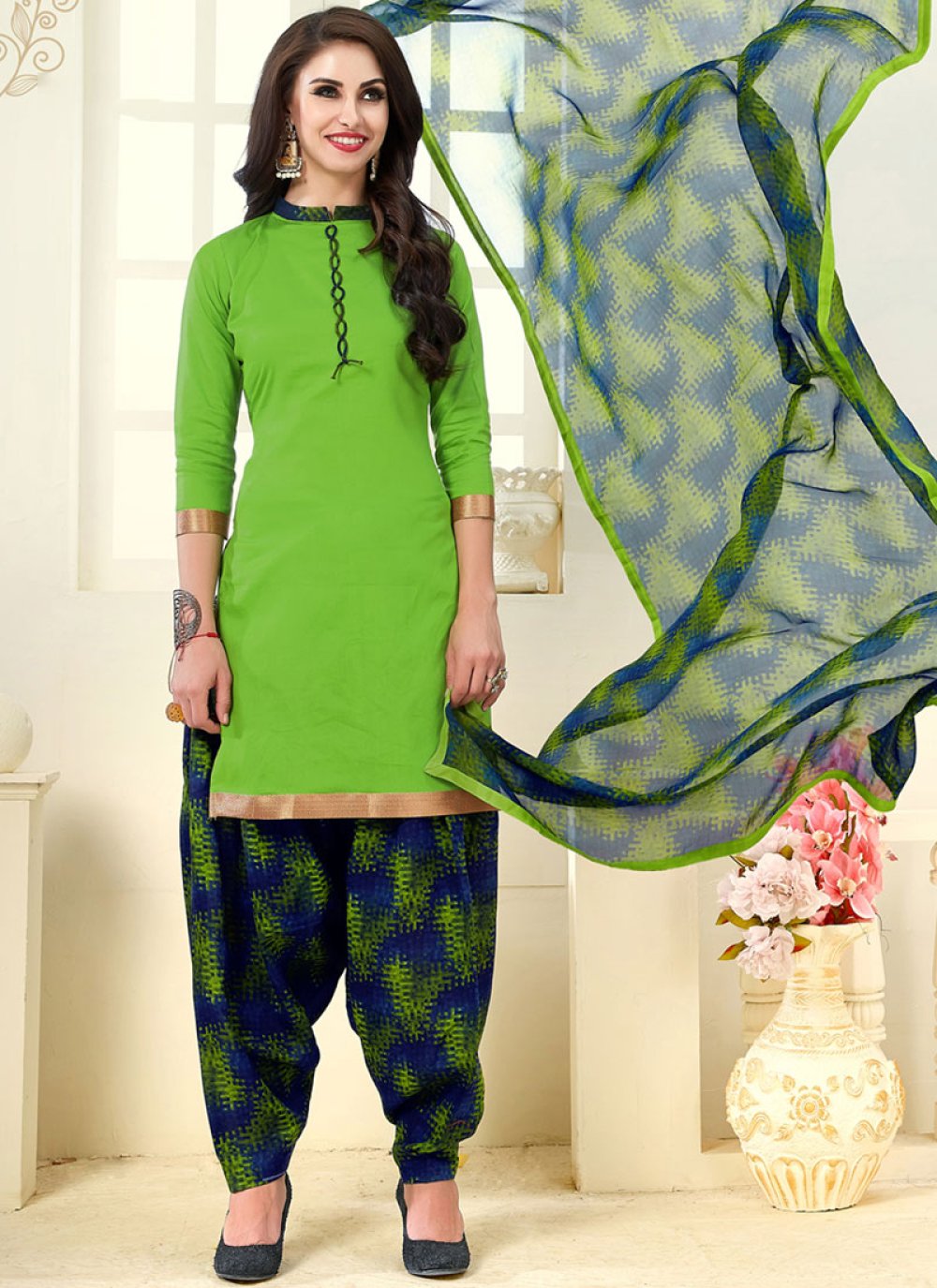 Embroidered Art Silk Punjabi Suit in Dusty Green : KCH4083