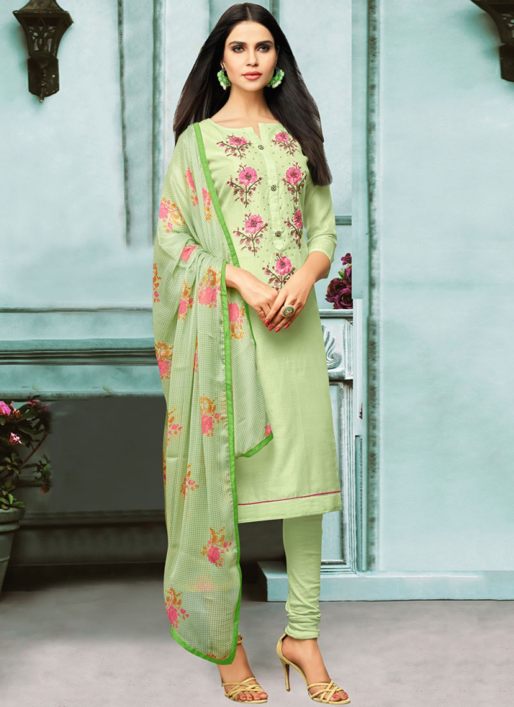 Green Embroidered Chanderi Cotton Churidar Salwar Suit