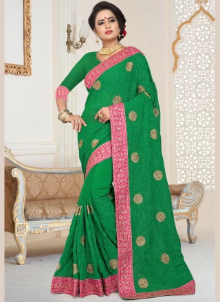 Green Embroidered Classic Designer Saree