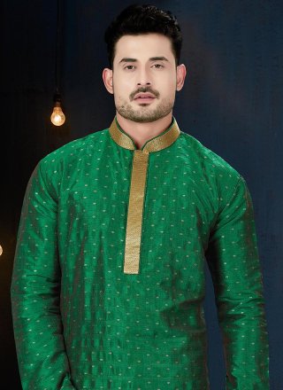 Green Embroidered Cotton Kurta Pyjama