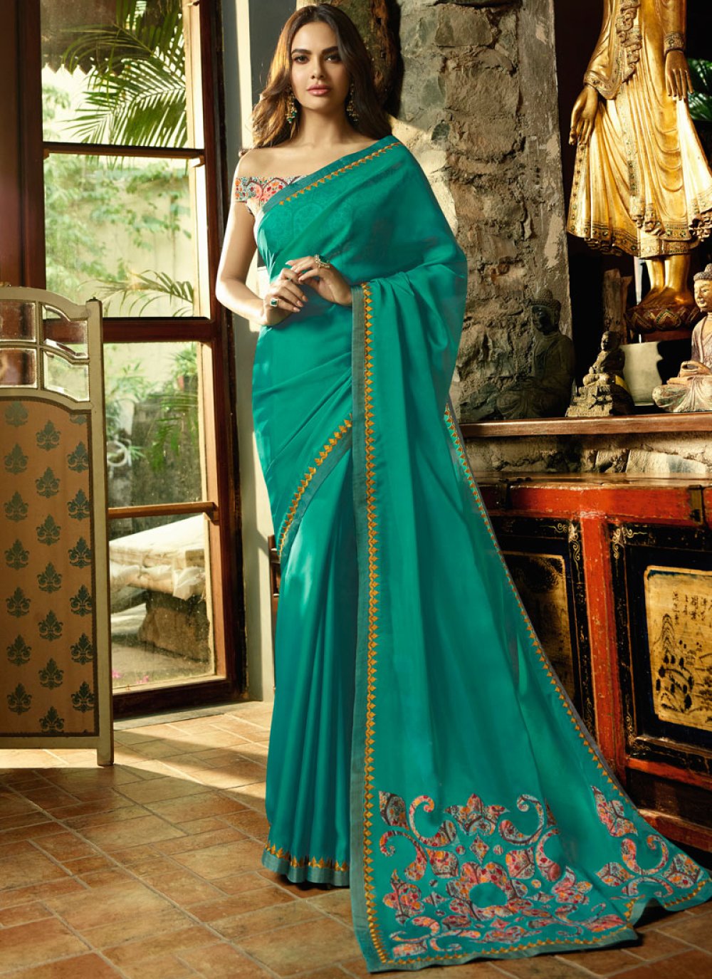 Green Embroidered Faux Chiffon Traditional Saree