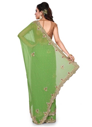 Green Embroidered Georgette Designer Traditional Saree