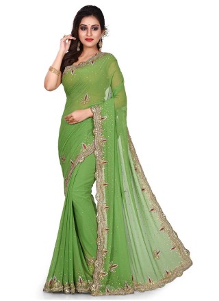 Green Embroidered Georgette Designer Traditional Saree