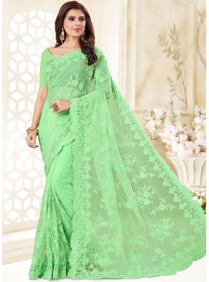 Green Embroidered Net Designer Traditional Saree
