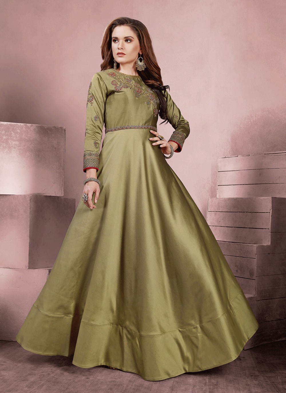 Green Embroidered Readymade Gown 