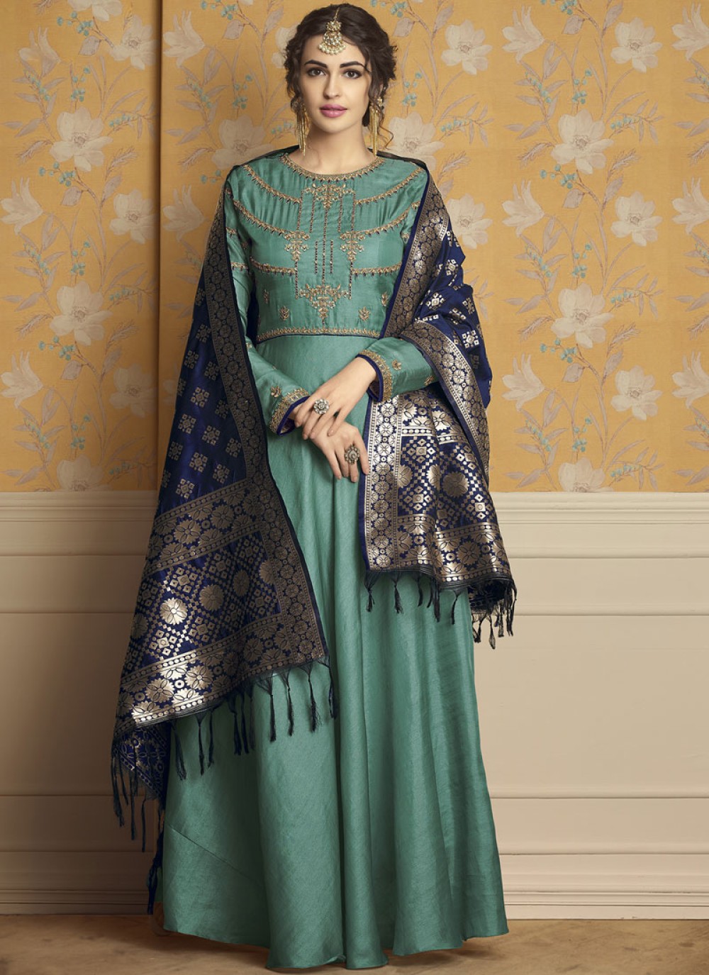 Green Embroidered Satin Readymade Gown 