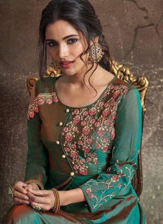 Green Embroidered Tafeta Silk Gown 