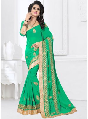 Green Faux Georgette Embroidered Classic Saree