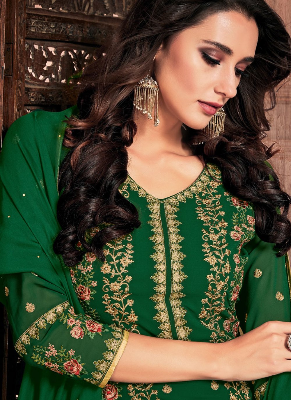 Shop Green Faux Resham Pant Style Suit Online 135559