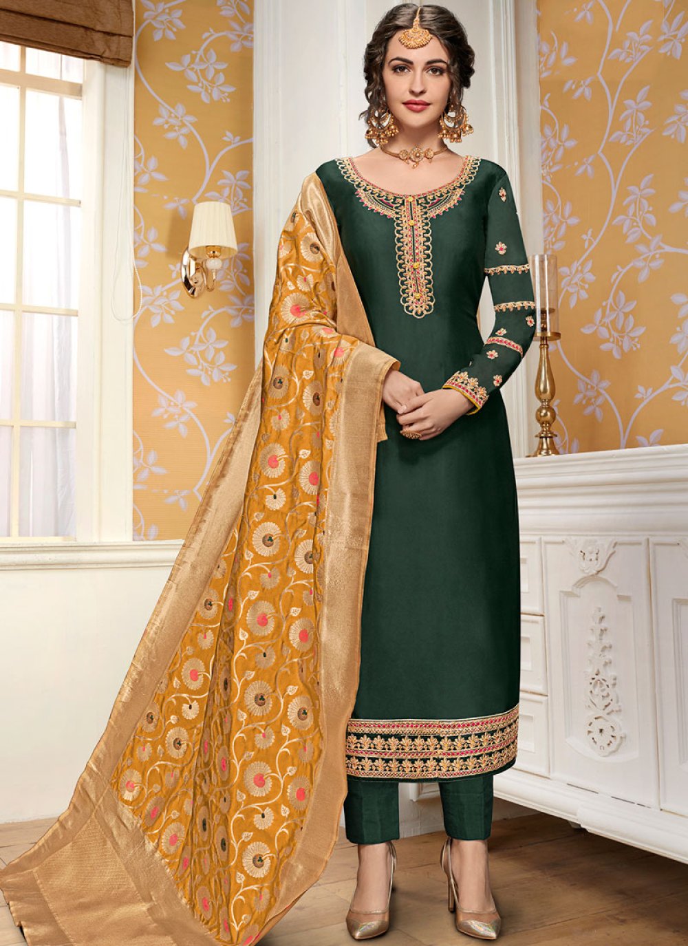 Shop Green Georgette Satin Salwar Suit Online : 109085