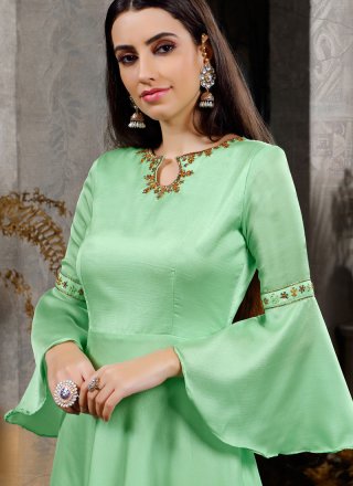 Green Handwork Maslin Cotton Anarkali Suit