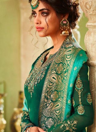 Green Resham Georgette Pant Style Suit