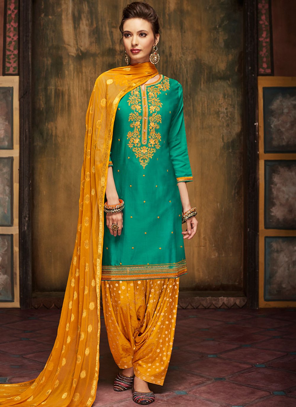 Shop Green Satin Designer Patiala Suit Online : 110230