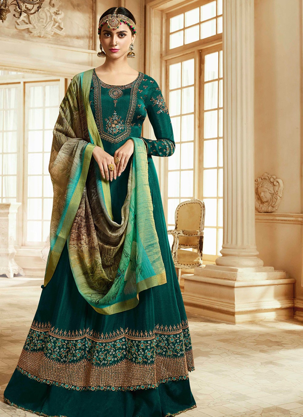 Green Satin Embroidered Floor Length Anarkali Suit