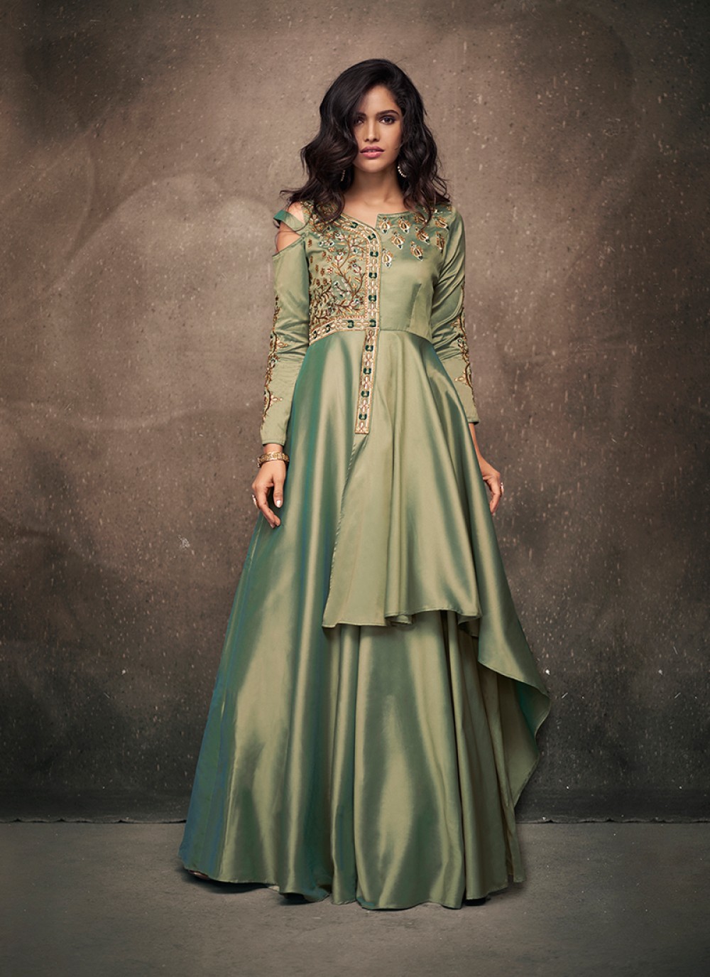 Dark Green Embroidered Silk Gown 162GW16