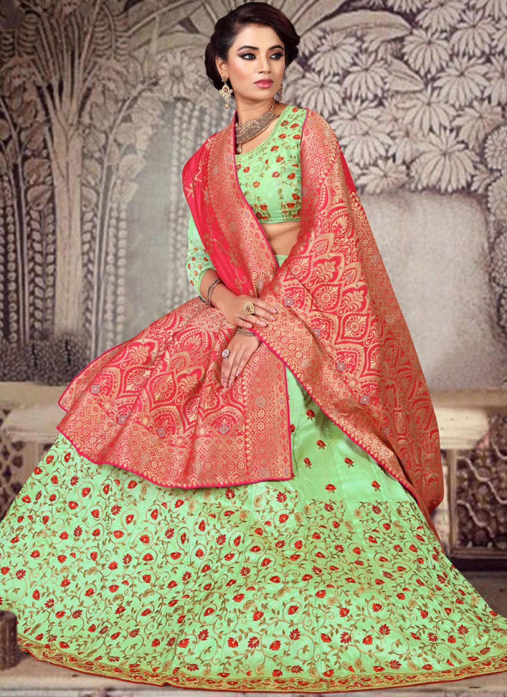 Shop Online Green Silk Designer Lehenga Choli 108698 