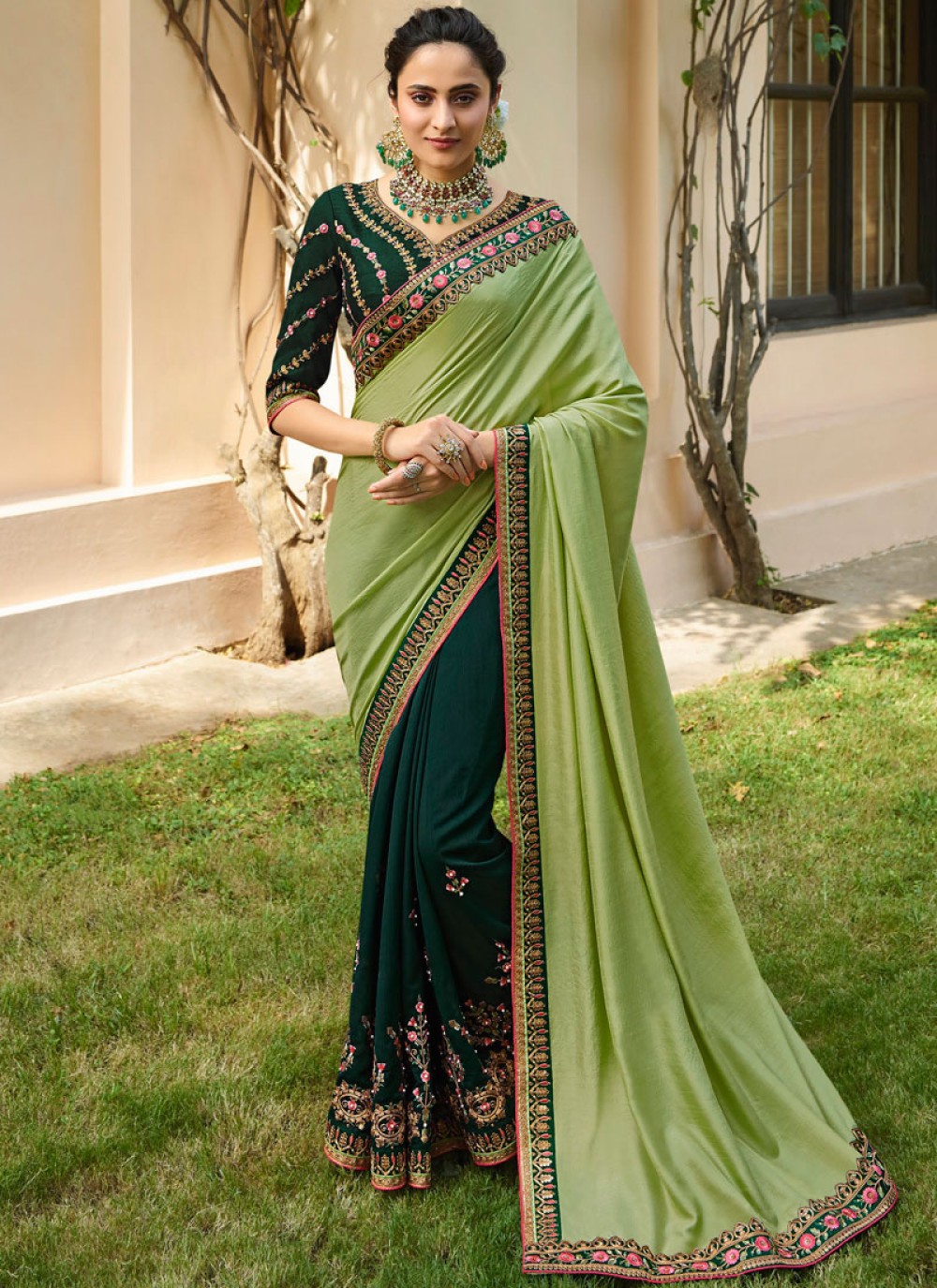 Green Wedding Designer Half N Half Saree