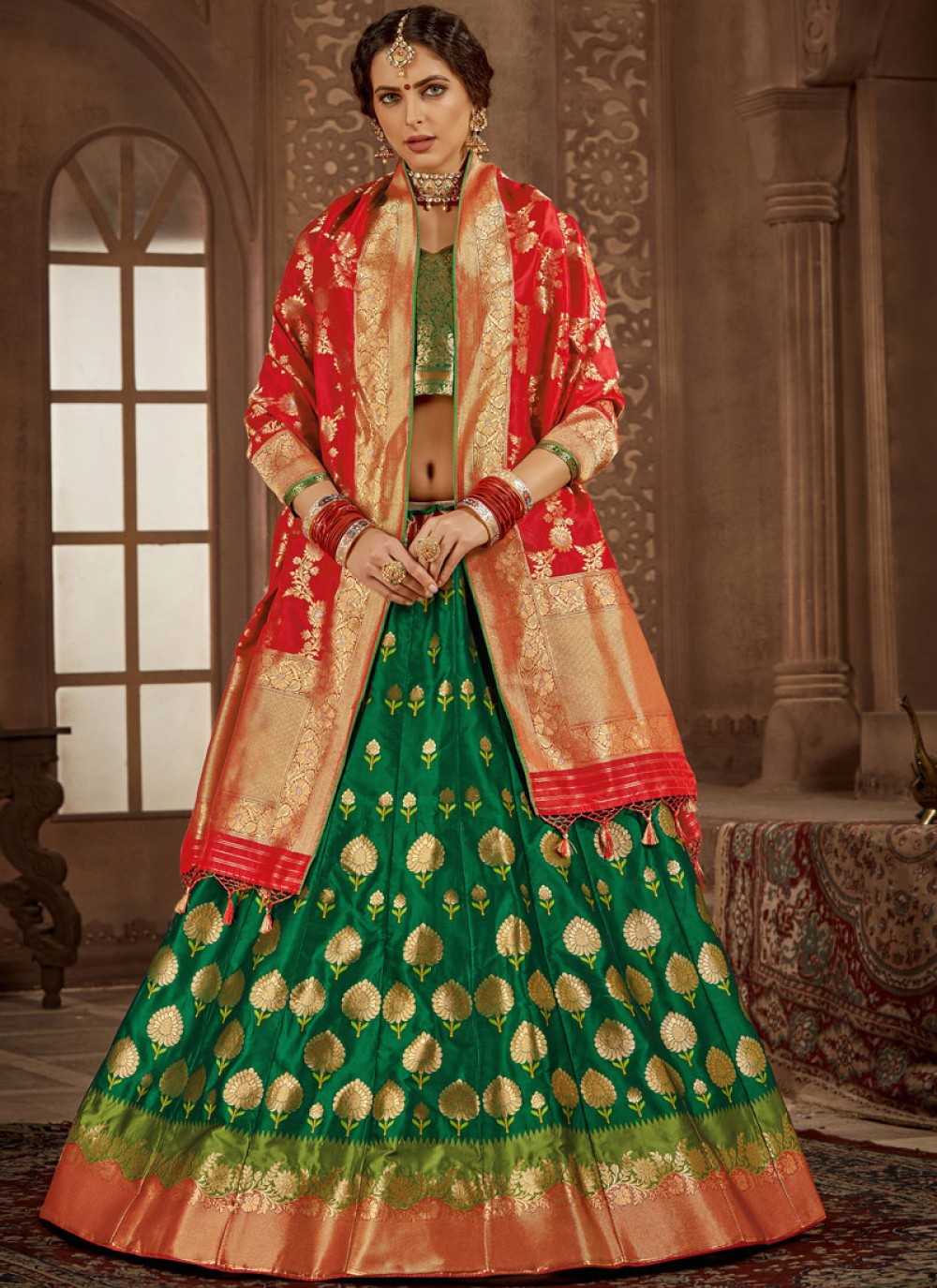 Printed Georgette Pink And Green Bridal Lehenga, Size: Free Size, 3 Piece  at Rs 5999 in Surat