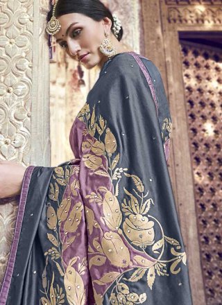 Grey and Lavender Banarasi Silk Traditional Designer Saree