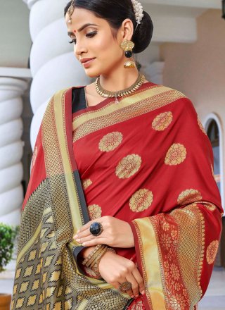 Grey and Red Weaving Art Silk Designer Traditional Saree