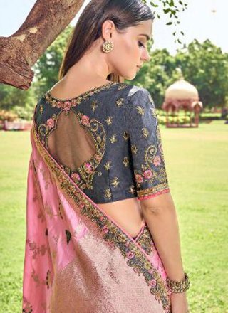 Grey and Rose Pink Party Banarasi Silk Traditional Designer Saree