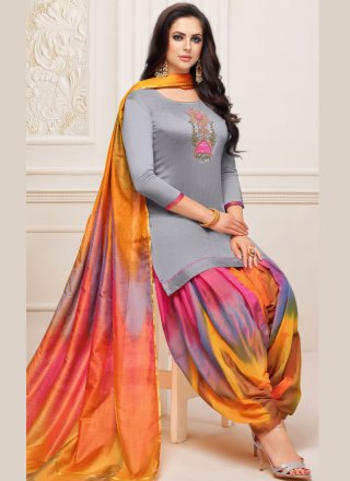 Grey Art Silk Embroidered Designer Patiala Suit