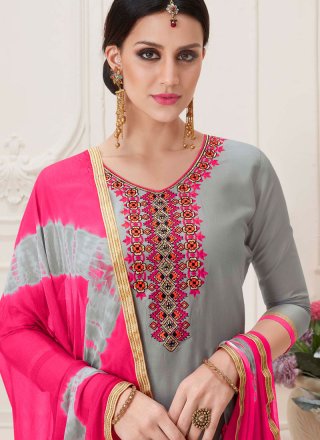Grey Embroidered Cotton Designer Patiala Salwar Kameez