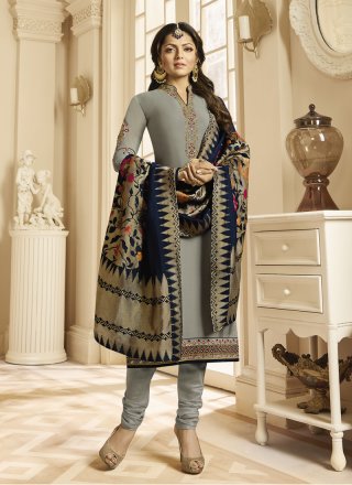 Grey Embroidered Georgette Satin Churidar Suit