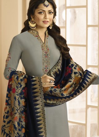Grey Embroidered Georgette Satin Churidar Suit