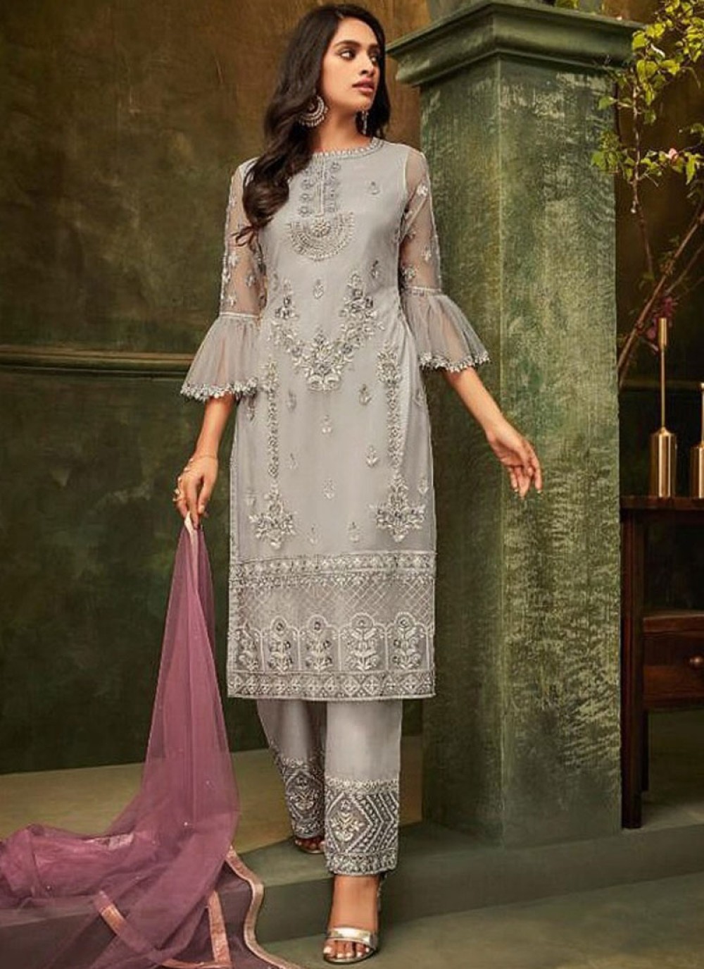 Shop Grey Embroidered Pant Suit Online in USA with Black Dupatta